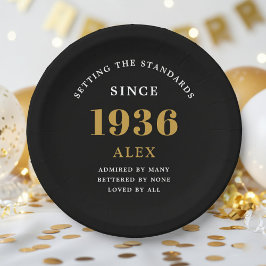 Plato De Papel Cumpleaños 90 Nombre 1936 Negro Oro Elegante Chic