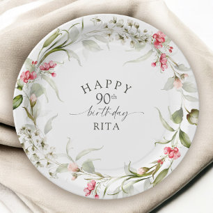 Plato De Papel Cumpleaños 90 Rosa Acuarela Floral