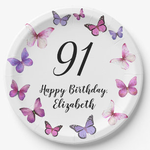 Plato De Papel Cumpleaños 91 Rosas Mariposas Moradas