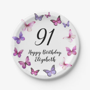 Plato De Papel Cumpleaños 91 Rosas Mariposas Moradas