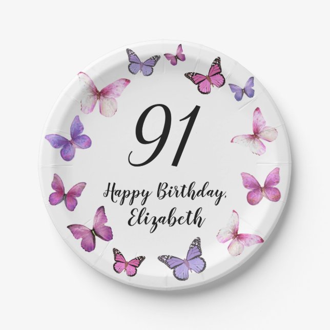 Plato De Papel Cumpleaños 91 Rosas Mariposas Moradas  (Anverso)
