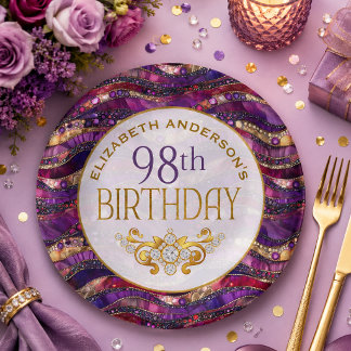 Plato De Papel Cumpleaños 98 con diseño de estratos enjoyados en