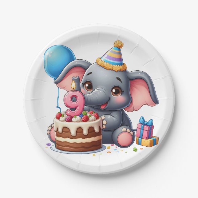 Plato De Papel Cumpleaños 9 de elefante lindo (Anverso)