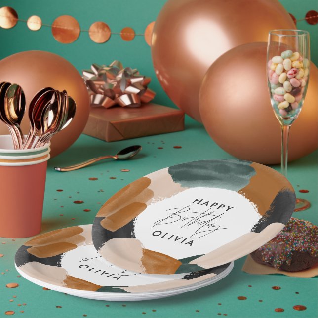 Plato De Papel Cumpleaños abstracto de terracota verde acuática (Multi)