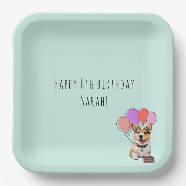 Plato De Papel Cumpleaños alegre corgi moderno suave aqua-mint  (Anverso)