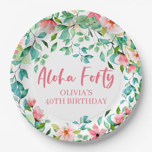 Plato De Papel Cumpleaños Aloha Cuarenta Luau Tropical (Anverso)