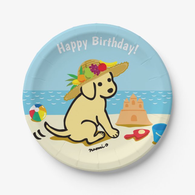 Plato De Papel Cumpleaños amarillo del gorra de paja del perrito (Anverso)