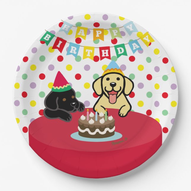 Plato De Papel Cumpleaños amarillo y negro de Labradors (Anverso)