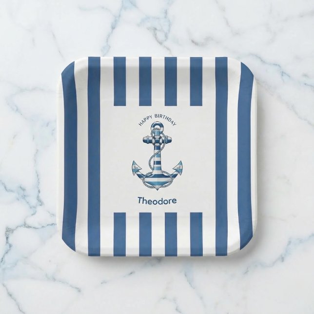 Plato De Papel Cumpleaños Ancla de Rayas Náuticas (Perfect for your nautical bash.)