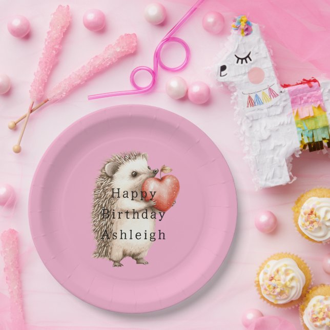 Plato De Papel Cumpleaños Animal Corazón Erizo Lindo Rosa (Fiesta)
