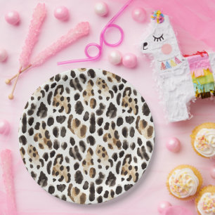 Plato De Papel Cumpleaños Animal Leopardo Negro Marrón Crema