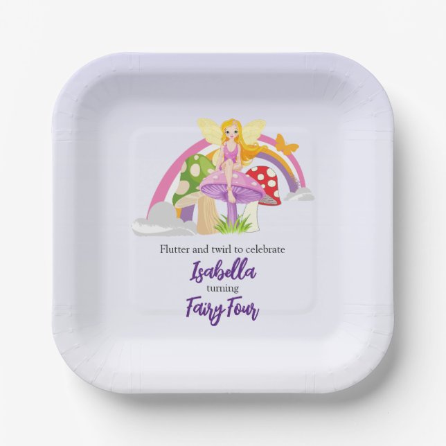 Plato De Papel Cumpleaños Arcoíris Hongo Hada Niñas  (Anverso)