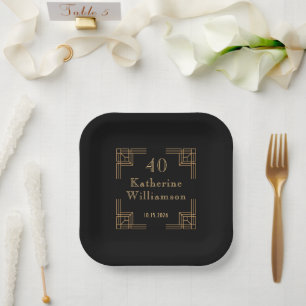 Plato De Papel Cumpleaños Art Deco negro dorado Rugientes 20's