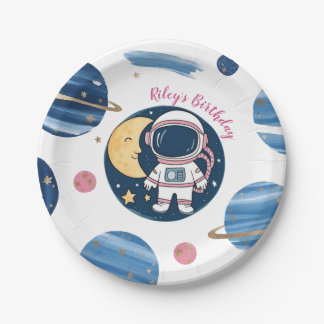 Plato De Papel Cumpleaños Astronauta Pink Blue