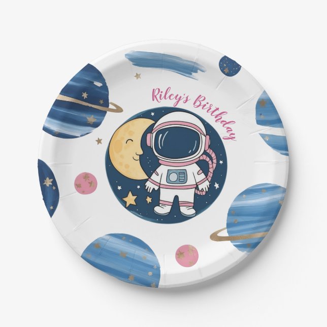 Plato De Papel Cumpleaños Astronauta Pink Blue (Anverso)