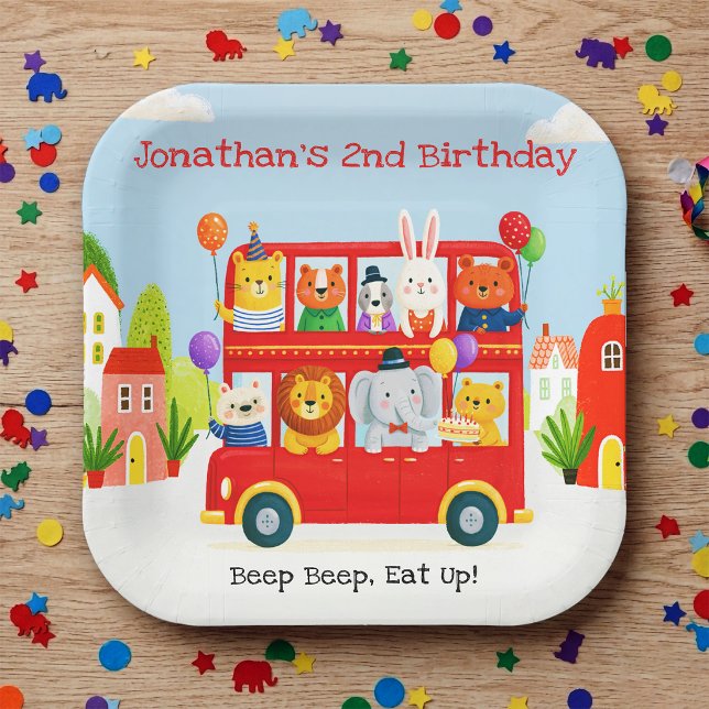 Plato De Papel Cumpleaños Autobús de Fiesta de Dos Pisos Animales (Cute Animal Double Decker Party Bus 2nd Birthday Paper Plates)