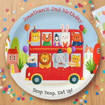 Cumpleaños Autobús Rojo de Dos Plantas Animales Di