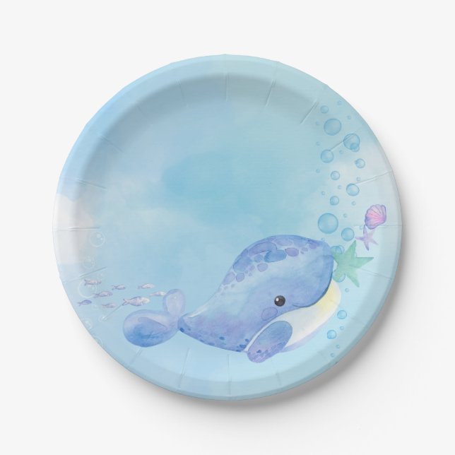 Plato De Papel Cumpleaños azul de la ballena tártica (Anverso)
