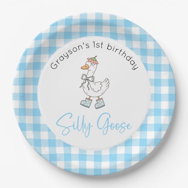 Plato De Papel Cumpleaños azul de Silly Goose (Anverso)