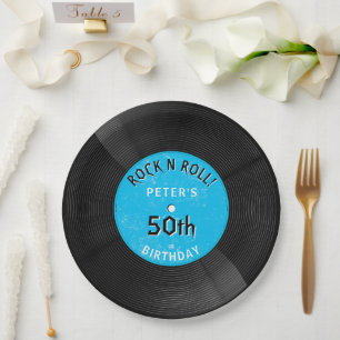 Plato De Papel Cumpleaños Azul Rock N Roll Disco de Vinilo Retro