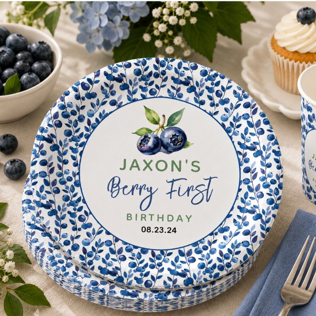 Plato De Papel Cumpleaños Berry First de Arándanos 1er (Berry First Blueberry 1st Birthday Party Paper Plates)