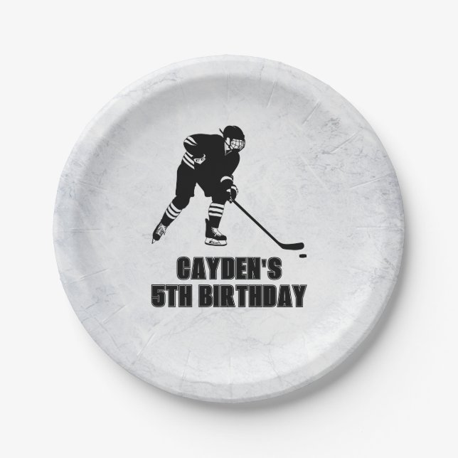 Plato De Papel Cumpleaños blanco y negro de hockey (Anverso)