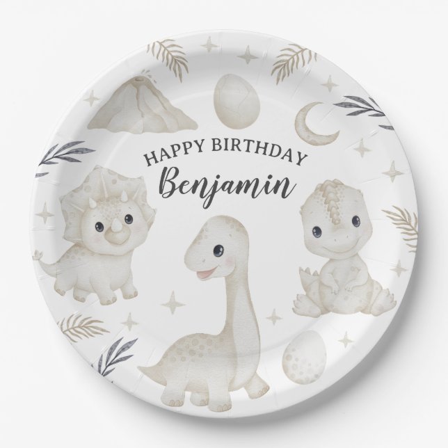 Plato De Papel Cumpleaños boho dinosaurio acuarela bebé Shower (Anverso)