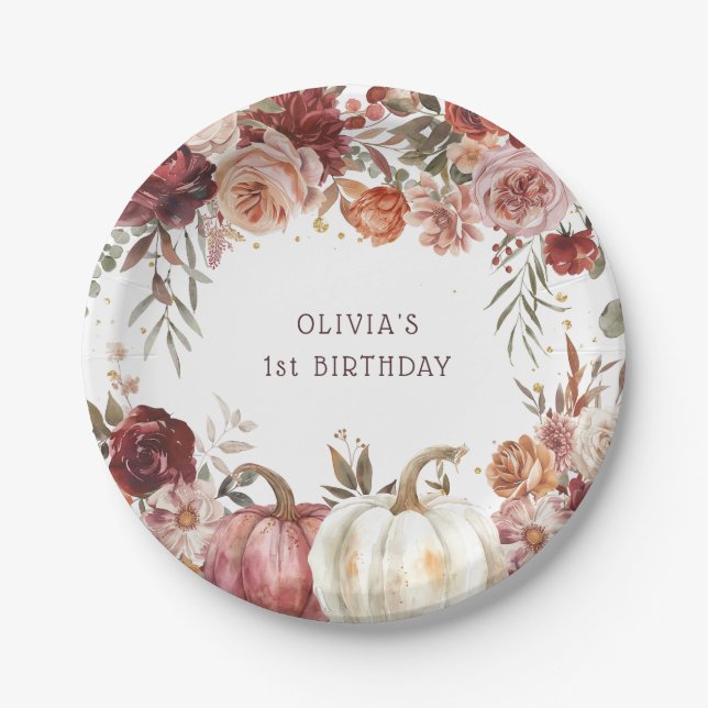Plato De Papel Cumpleaños Boho Pumpkin Autumn Bloom 1 (Anverso)