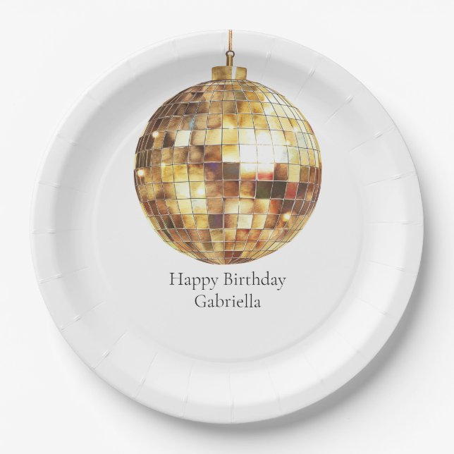 Plato De Papel Cumpleaños Bola de Discoteca Dorada (Anverso)