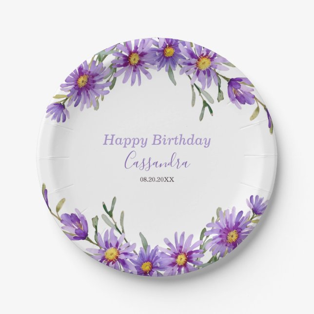 Plato De Papel Cumpleaños Botánico Violet Aster Floral (Anverso)