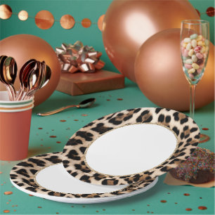 Plato De Papel Cumpleaños Brillo Dorado Animal Leopardo Crema