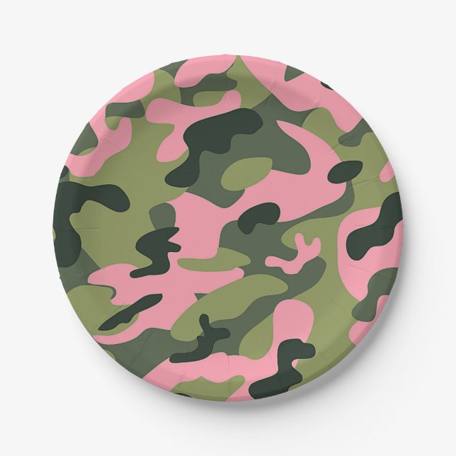 Plato De Papel Cumpleaños Camuflaje Ejército Verde Rosa País (Anverso)