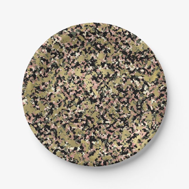 Plato De Papel Cumpleaños Camuflaje Rosa Verde Negro Dorado Fiest (Anverso)