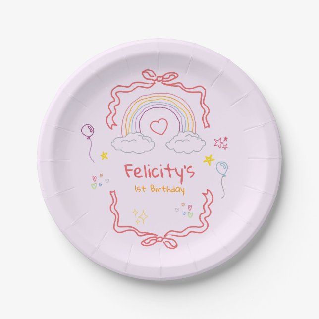 Plato De Papel Cumpleaños Caprichoso Arcoíris Dibujado a Mano (Anverso)