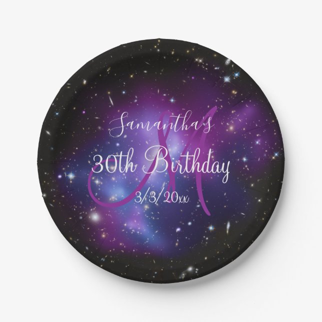 Plato De Papel Cumpleaños Celestial de Galaxia Morado y Blanco (Anverso)