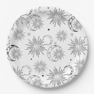 Plato De Papel Cumpleaños Celestial Sol Caprichoso Blanco y Negro