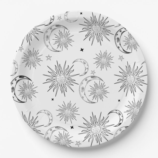 Plato De Papel Cumpleaños Celestial Sol Caprichoso Blanco y Negro (Anverso)
