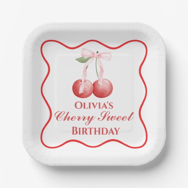 Plato De Papel Cumpleaños Cherry Sweet lazo rosa Gingham (Anverso)