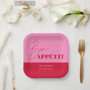 Plato De Papel Cumpleaños Chic Rosa Rojo Bon Appétit Script