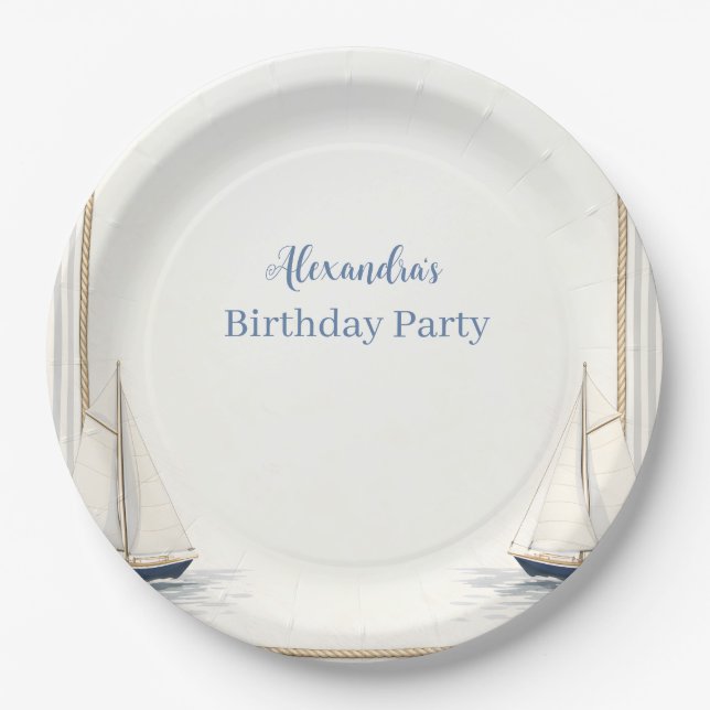 Plato De Papel Cumpleaños Clásico Barco de Vela Náutico (Anverso)