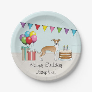 Plato De Papel Cumpleaños Colorido de Galgo Italiano Ciervo y Bla