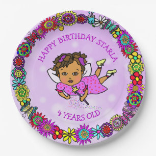 Plato De Papel Cumpleaños con borde de hada y flor morada bonita
