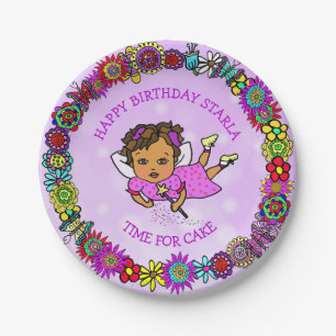 Plato De Papel Cumpleaños con borde de hada y flor morada bonita