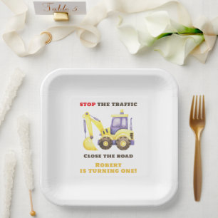 Plato De Papel Cumpleaños con camión excavador de construcción