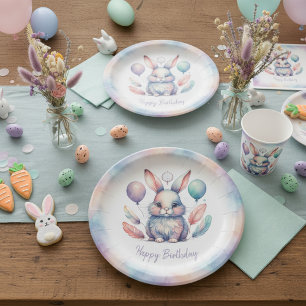 Plato De Papel Cumpleaños con conejito de acuarela linda y globos