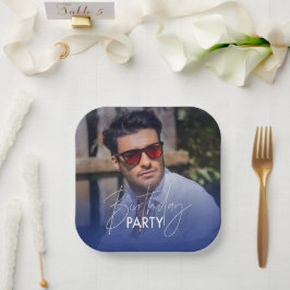 Plato De Papel Cumpleaños con Foto de Gradiente Azul Marino y Bla