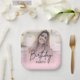 Plato De Papel Cumpleaños con foto y gradiente de rosa