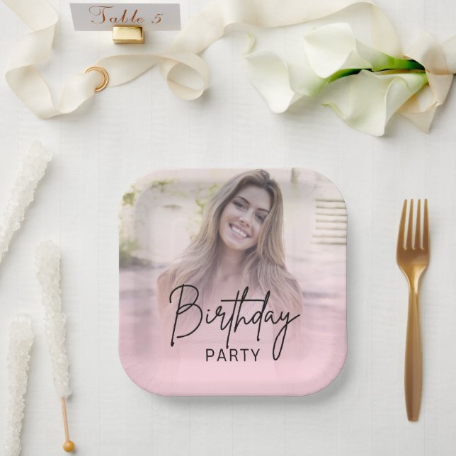 Plato De Papel Cumpleaños con foto y gradiente de rosa (Boda)