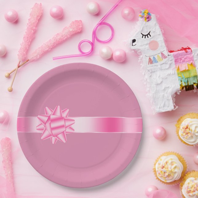 Plato De Papel Cumpleaños con lazo de cinta rosa (Fiesta)