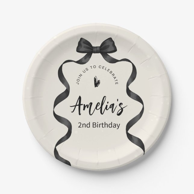 Plato De Papel Cumpleaños con lazo negro para cualquier edad  (Anverso)